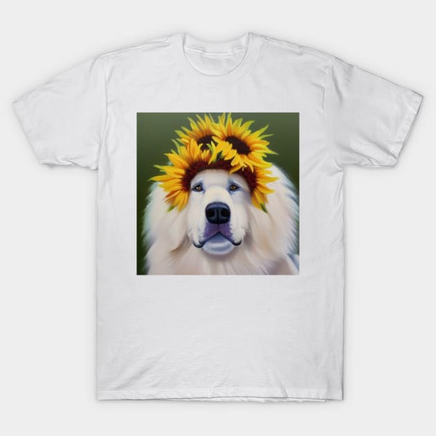 Great Pyrenees with Sunflower Crown T-Shirt by TrapperWeasel